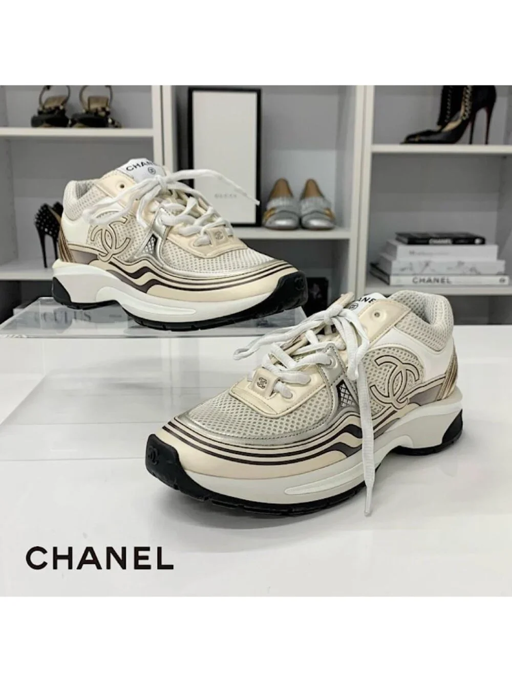 Chanel CC Logo Mesh Leather Sneakers Beige